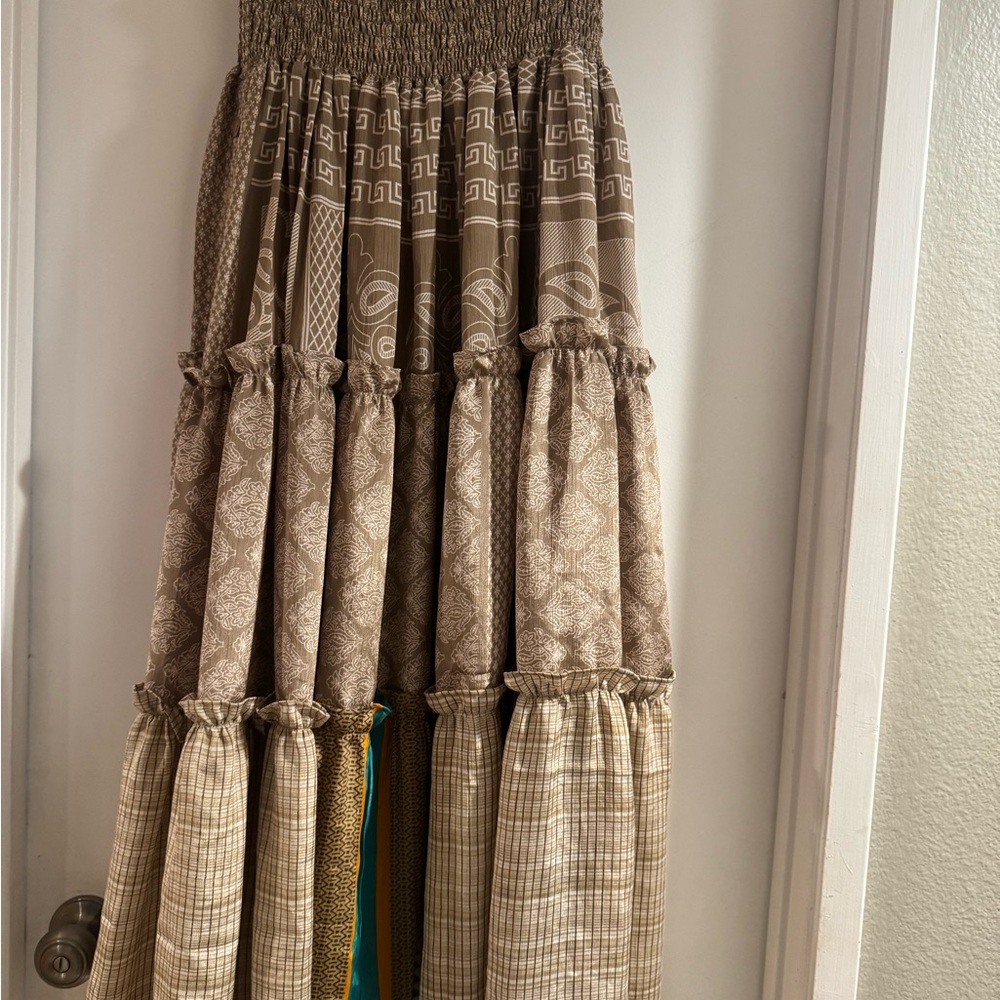 Tan and Brown Smocked Tiered Maxi Skirt kantha bae silk